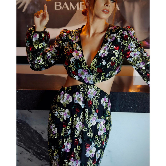 Mac Duggal Floral Sequin Cutout Gown Size 10 – Black Multicolor Long Dress NWT - Picture 2 of 7